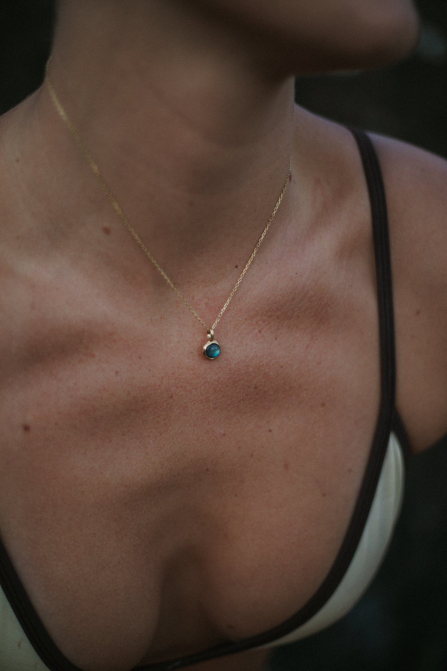 IMI. Gold Necklace with round Labradorite stone. 925 silver gold plated